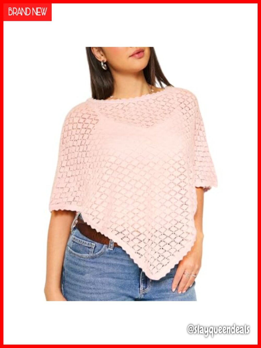 Crochet Batwing Sleeve Poncho Top Off Shoulder Scalloped Coverup